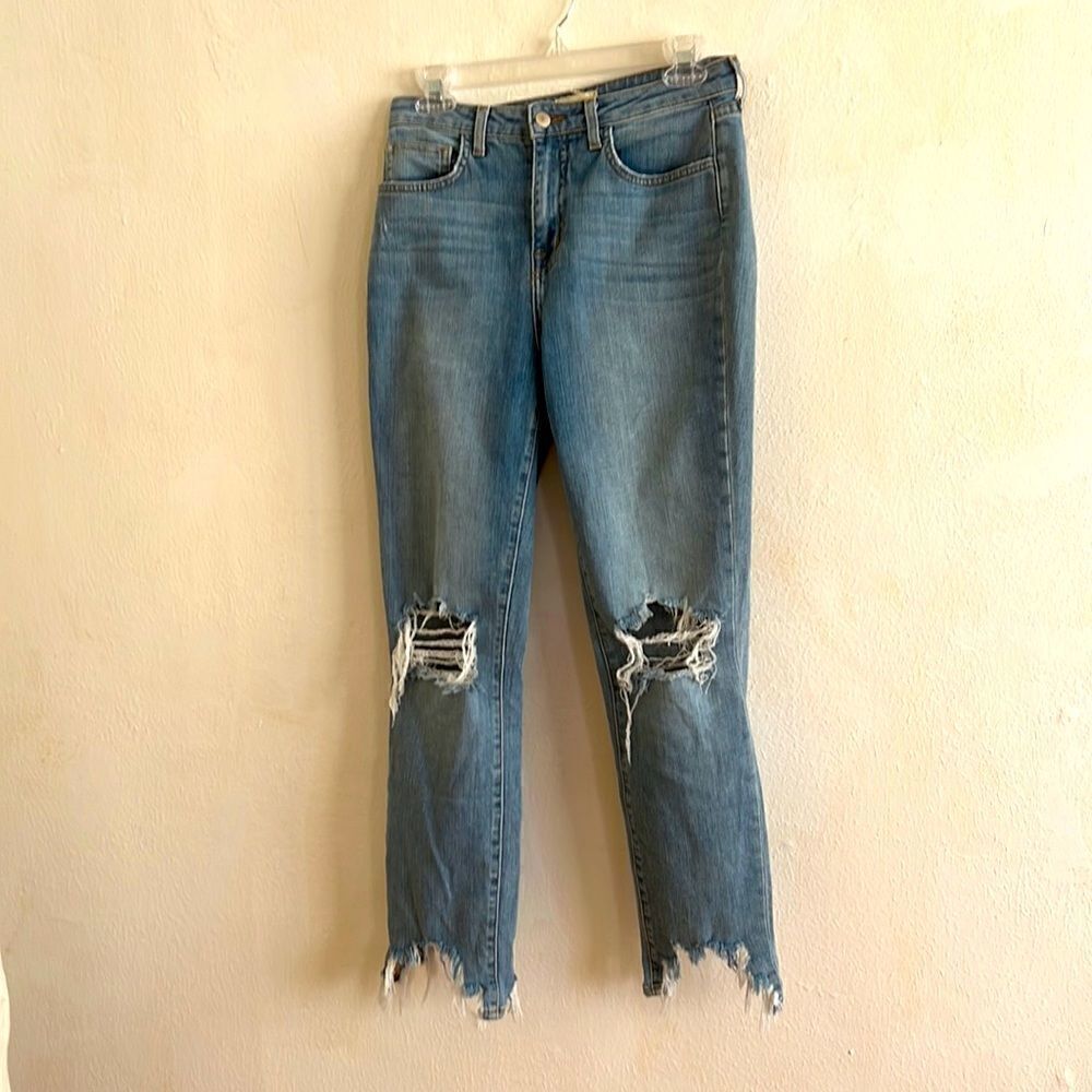 L’Agence  High Rise Straight Leg Light Wash Destroyed Knee Jeans Size 27